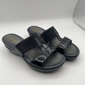 Cole Haan Sandals Women 8 M Black Leather Slip‎ On Wedge Straps Shoes